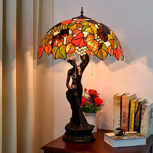 NINGZ Tiffany Style Stained Glass Table Lamp - Dead Leaves Green Leaf Shade - Vintage Bedside/Nightstand Light