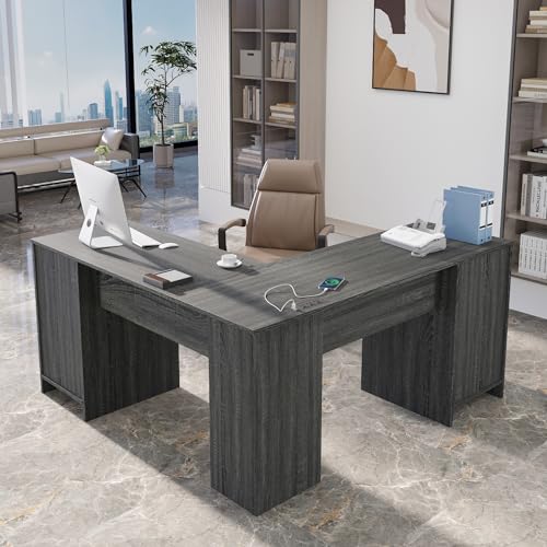 IdeaKey L Shaped Desk with File Cabinet and Storage Drawers, Power Outlets, Executive Office Desk, Retro Grey, 60 Inch