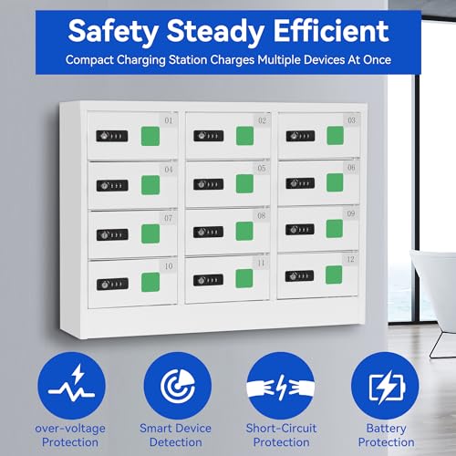 Bpatoimsx Cell Phone Steel Locker with Charging Station - White, 12 Slots