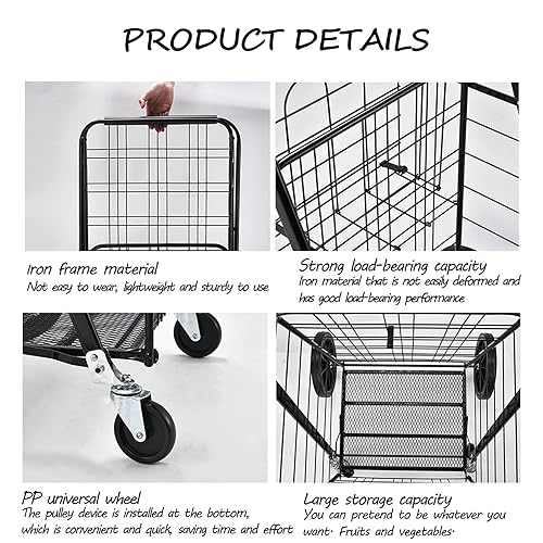 GaRcan Folding Grocery Cart with Swivel Wheels & Double Basket - 440 Lbs Capacity
