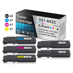 5-Pack(2BK+1C+1M+1Y) Compatible Toner Cartridge Replacement for 331-8425 331-8427 331-8428 331-8426 to use with Dell C3760dn C3760n C3765dnf Printers.