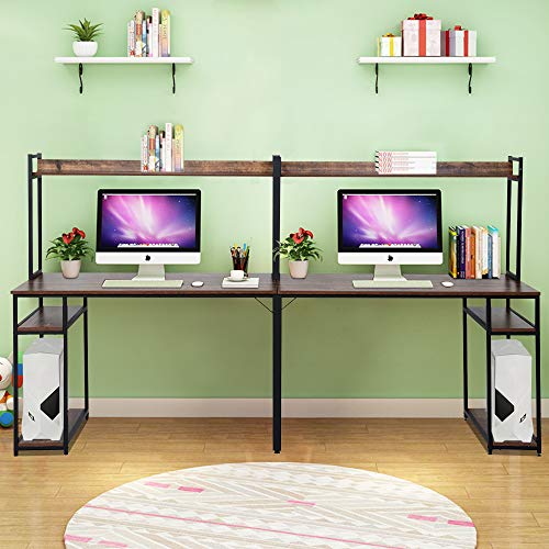 Goujxcy 2 Person Computer Desk with Hutch and Shelves,Multifunction 94 Inches Writing Workstation Desk for Home Office