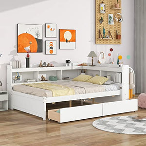 HomSof Full-L White Bed with L-Shaped Bookcases and Drawers