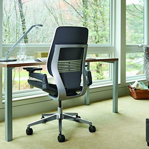 Steelcase Gesture Office Chair - Cogent Connect Licorice Upholstered Wrapped Back Platinum Metallic Frame Medium Seat Light Seagull Seat/Back Dark Merle Arms Hard Floor Caster Wheels