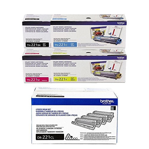 Brother TN221 4-Color Standard Yield Toner Cartridge and DR221CL Replacement Drum Unit Set