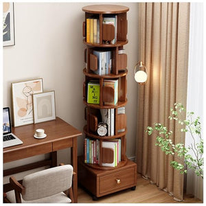 ARMERI 5 Tier 360° Rotating Bookshelf with Storage Drawer, Wood Organizer - Brown Color