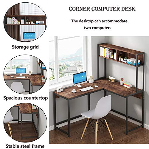 L-Shaped Computer Office Desk, with Book Shelves, 55" Corner Gaming Desk,Office Writing Workstation, Study Writing Desk Business Furniture for Home Office, Space-Saving, Easy to Assemble (Brown)