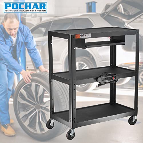 POCHAR Extra Large 3 Tier Rolling Cart with Power Strip - Heavy Duty Utility Cart - 14 Gauge 2mm Durable - Supports Up to 300 LBs - Black