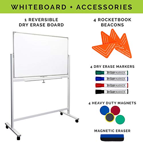 Reversable Whiteboard on Wheels - 48"x32" (with Rocketbook Rocket Beacons)