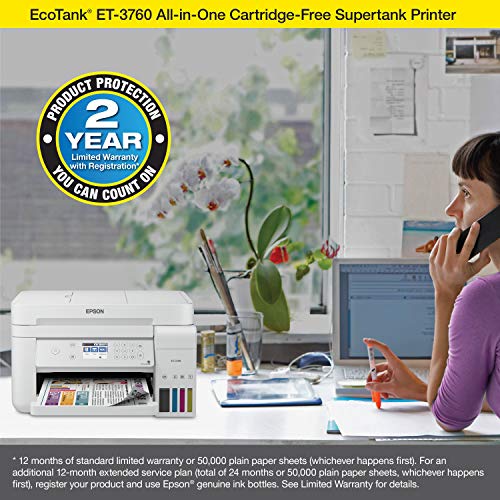 Epson EcoTank ET-3760 Wireless Color All-in-One Supertank Printer for Home Office, with Up to 2 Years of Ink Included in The Box (Renewed)