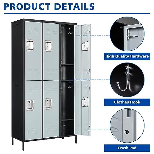 BYNSOE Metal Locker 6 Doors Employee Storage Cabinet School Hospital Gym Locker (Black Gray - 36" w)