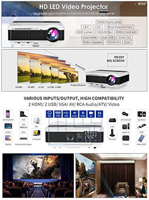 EUG LCD LED Multimedia HD Video Projector 4600 Lumens 1280x800 1080P Digital Movie Gaming Projector HDMI USB TV AV VGA Audio for Laptop PC Smartphone DVD PS4 Xbox Wii Home Theater Outdoor Party