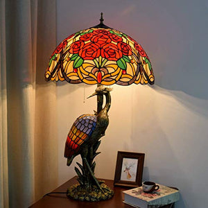 Xihe Tiffany Antique Table Lamp 20" Female Bird Desk Lamp - Colored Roses Glass Lampshade