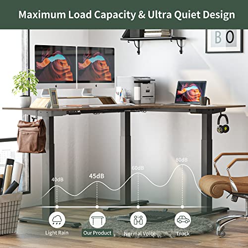 FEZIBO Triple Motor L-Shaped Electric Standing Desk, 63 Inches Height Adjustable, Splice Board, Black Frame/Black Walnut - Sit Stand Workstation