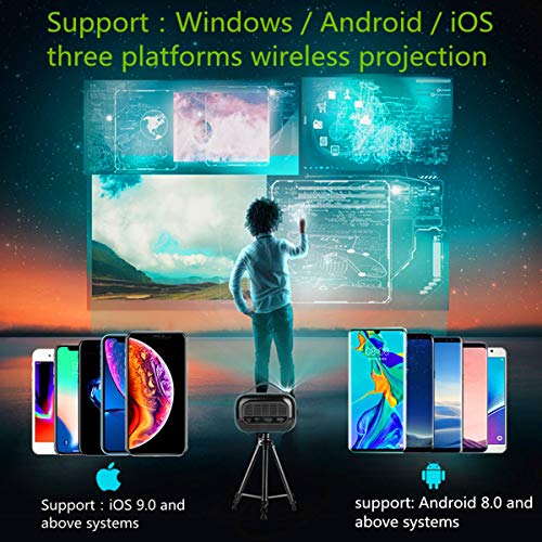 YAKAR portable Wi Fi projector. Wireless screen projector supporting 1080p and 150 ANSI lumens. Built-in Bluetooth, speaker, battery. Compatible: TV Stick，iPhone, Android, HDMI, USB and tablet (black)