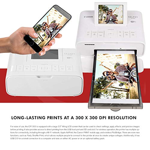 Canon SELPHY CP1300 Compact Photo Printer (White) with WiFi w/Canon Color Ink and Paper Set + Case + Battery