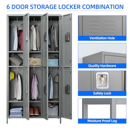 JAORD 6 Doors Metal Storage Locker Combination, 72" Steel Lockers for Employees - Gray