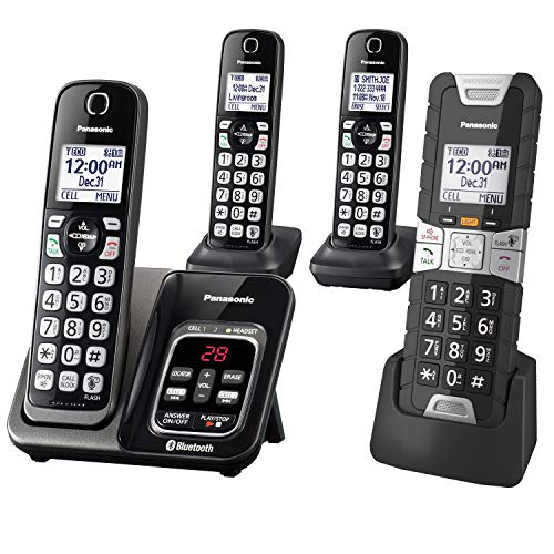 Panasonic Rugged Link2Cell Bluetooth Cordless Phone with Voice Assist, One-Touch Call Block and Answering Machine - 3 Standard Handsets + 1 Rugged Handset - KX-TGD584M2 (Black)