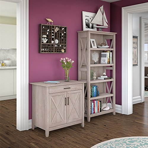 Bush Furniture Key West Secretary Desk with 5 Shelf Bookcase in Washed Gray