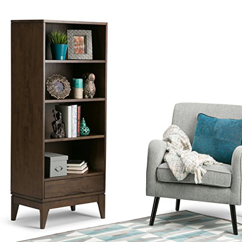 Simpli Home 3AXCHRP-08 Harper Solid Hardwood 60 inch x 24 inch Mid Century Modern Bookcase with Storage in Walnut Brown