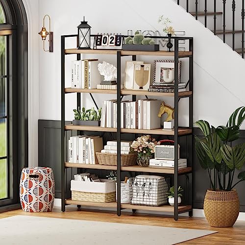 FATORRI Industrial 5 Tier Bookshelf, Rustic Wood Etagere Bookcase