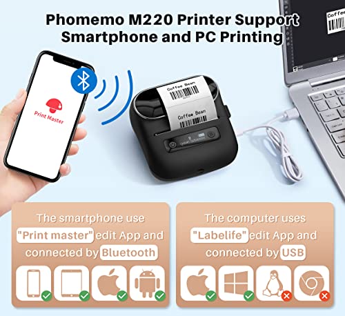 Phomemo M220 Label Maker - 3.14 inch Barcode Label Printer, Portable Bluetooth Sticker Maker Machine for Mailing, Labeling, Home, Small Business, Compatible with iOS/Android, with 3 Roll Labels
