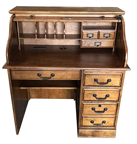 Small Home Office or Student Roll Top Desk- Solid Hardwood Single Pedestal 42Wx24Dx45H BW Organizer Desk Quality Crafted Construction Locking File Drawers Dovetailed Secretary Desk Easy Assembly