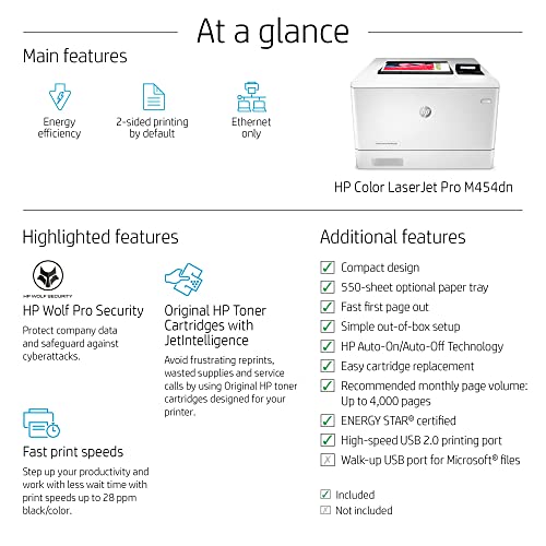 HP Color Laserjet Pro M454dn Laser Printer, Automatic 2-Sided Printing, Auto-On/Auto-Off Technology, 2-line LCD Display, 28 ppm, 250-Sheet, 256 MB, Bundle with JAWFOAL Printer Cable.