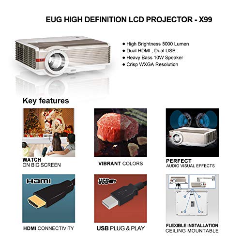 EUG Movie Projector LCD LED 5000 Lumen 8000:1 Contrast/1280x800/Support Full HD 1080P Home Video Projector HDMI USB AV DVD Computer TV Stick Game Console with Speaker/Zoom/Keystone