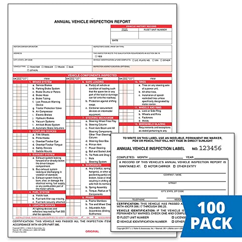 Annual Vehicle Inspection Report (Shrinkwrapped Snap-Out Format, 3-Ply Carbonless, 8.5" x 11.75") with Label (2-Ply Vinyl with Mylar Laminate, 5" x 4") - 100-pk. - J. J. Keller & Associates