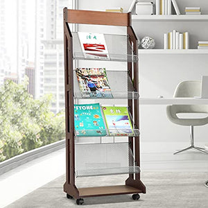 JacCos Wooden Magazine Rack Floor Display Stand with 4 Iron Mesh Pockets and Wheels
