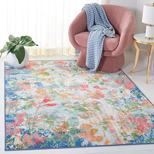 SAFAVIEH Paint Brush Collection PTB157N Watercolor Floral Distressed Machine Washable Non-Shedding Living Room Dining Bedroom Area Rug, 7'9" x 10', Navy/Orange
