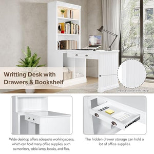 Merax 83.4" Tall Storage Bookshelf & Writing Desk Suite with LED Lighting, Drawers, Open Shelves - 2-Piece Set, White