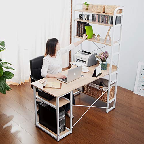 Wood Computer Desk with Metal Frame and 4-Tier Open Bookshelves Plenty Storage Spaces PC Laptop Gaming Desk Study Writing Table Workstation with Monitor & CPU Stand for Home Office Dorm School