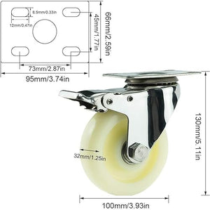 IkiCk Heavy-Duty Nylon Furniture Casters with Brakes - 4 Pack, 125mm Size