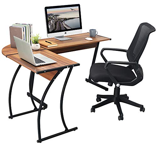 GreenForest L Shaped Gaming Computer Desk 58.1'',L-Shape Corner Gaming Table,Writing Studying PC Laptop Workstation 3-Piece for Home Office Bedroom Living Room,Bright Walnut