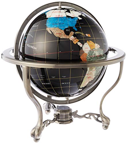 Unique Art 21-Inch Tall Black Onyx Ocean Table Top Gemstone World Globe with Silver Tripod