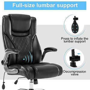 Seevoo Executive Office Chair - High Back Swivel Computer Chair with Adjustable Lumbar Support and Flip-Up Arms, PU Leather (Black)