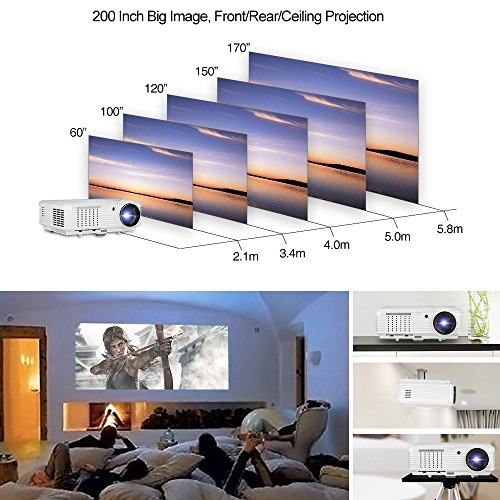 CAIWEI Bluetooth HD Projector Wireless Android OS LCD 200" Display 3900 Lumen WXGA LED Video Projector Home Cinema Movies Games, Compatible with HDMI USB RCA Audio VGA AV WiFi Multimedia Proyectors