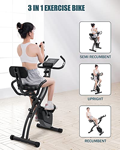 Exercise Bike Folding Stationary Bike Magnetic Recumbent 3-in-1 Cycling Slim Bike with Arm Resistance Bands & LCD Monitor for Men and Women Indoor Outdoor, black, 32 x 19 x 39 inches