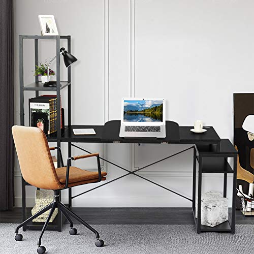 Computer Desk with 5-Tier Shelves, 3 in 1 Bookshelf, Computer Desk, and Main Frame, 47.2" Drafting Drawing Table with 60° Tiltable Tabletop, PC Laptop Table Study Workstation for Home Office (Black)