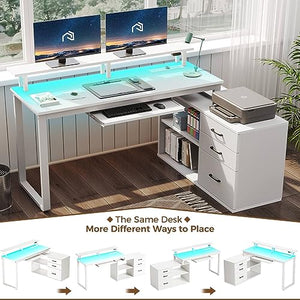 Rolanstar White L Shaped Computer Desk with Drawers, Power Outlet, LED Strip, and Keyboard Tray