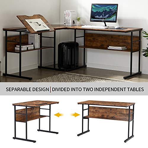 UNI FAM Home Office L-Shaped Desk with Bottom Bookshelves and CPU Stand, Multi-Function Drafting Drawing Table with Tiltable Desktop for Artist or Student/67 inch（Brown）