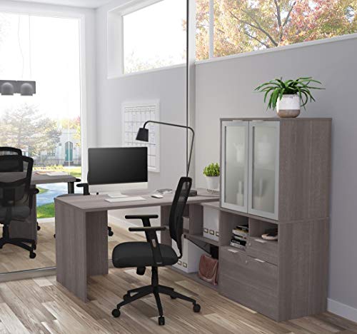 Bestar L-Shaped Desk with Frosted Glass Doors Hutch - i3 Plus
