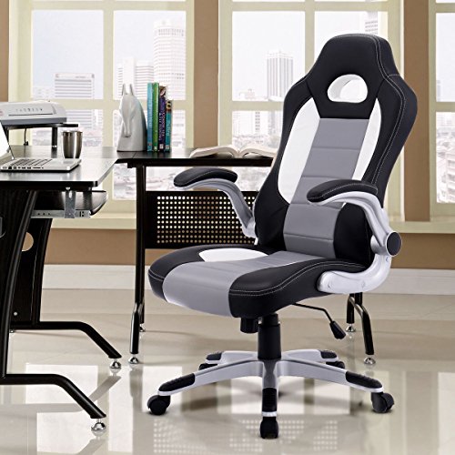 Giantex Pu Leather Executive Racing Style Bucket Seat Chair Sporty Office Desk Chair (Gray)