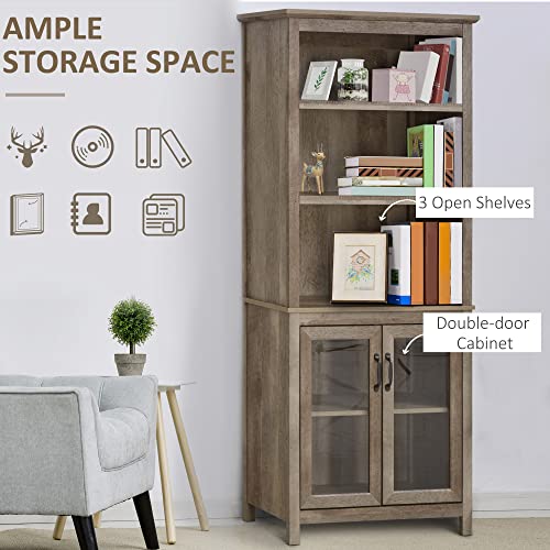 HOMCOM 71" Bookcase Storage Hutch Cabinet with Adjustable Shelves, Glass Doors - Natural Wood