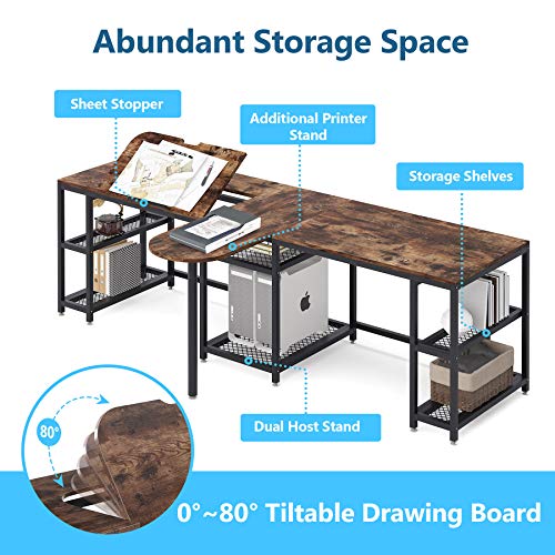 Tribesigns 102 inches Double Computer Desk with Storage Shelves and Tiltable Tabletop, Extra Long Two Person Desk with Printer Shelf, Double Workstation Desk Study Table for Home Office (Rustic Brown)