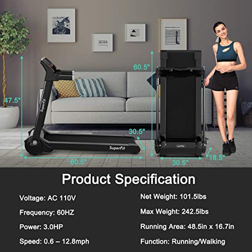 Goplus 3HP Electric Folding Treadmill, with APP Control, Bluetooth Speaker and HD Touch Screen, Installation-Free, Compact Walking Jogging Running Machine for Home Office Use (Silver)