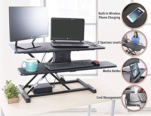 Stand Steady Flexpro Hero Power | Electric Standing Desk Converter/Desk Riser with Wireless Charging | Turns Any Desk into a Sit to Stand Up Desk | Integrated Phone/Tablet Holder (37.5 Inch/Black)