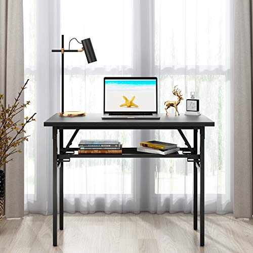 CRGHS Folding Computer Desk, Foldable Table Writing Desk for Laptop and PC, Home and Office Modern Style with Storage for Eating Camping and Small Spaces, No Assembly Required, 2 Tiers, Black
